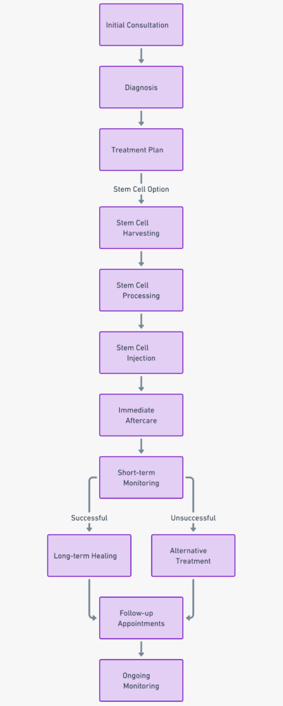 A flowchart depicting the phases of stem cell treatment from initial response to long-term healing.